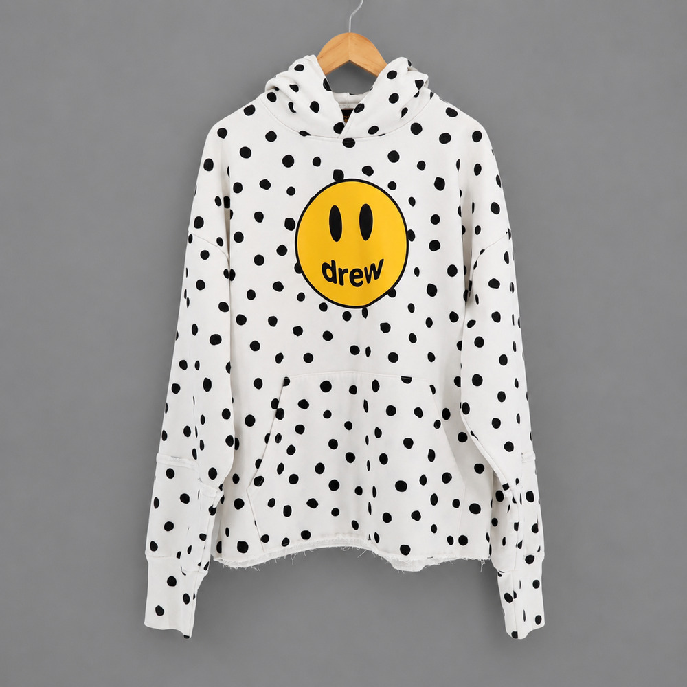 Drew House Sz XL Mascot Deconstructed Hoodie White Black Polka Dots